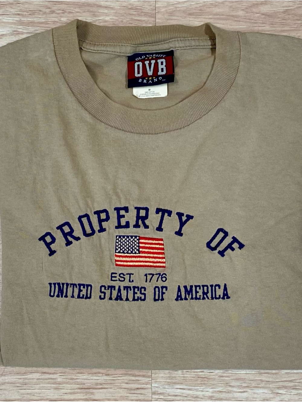 Vintage OVB T-Shirt Men’s M Tan Propery of USA Short Sleeve Cotton Tee Shirt